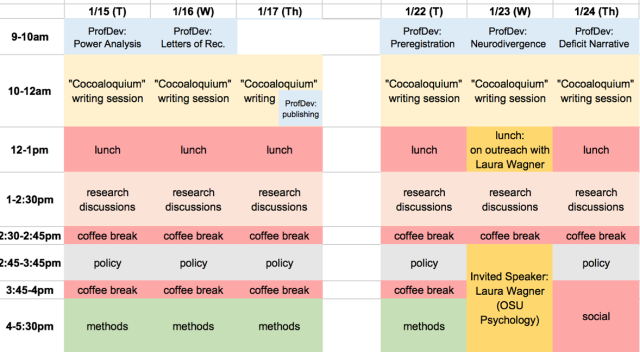 Image of UMD Language Science Center Winter Storm 2019 schedule overview